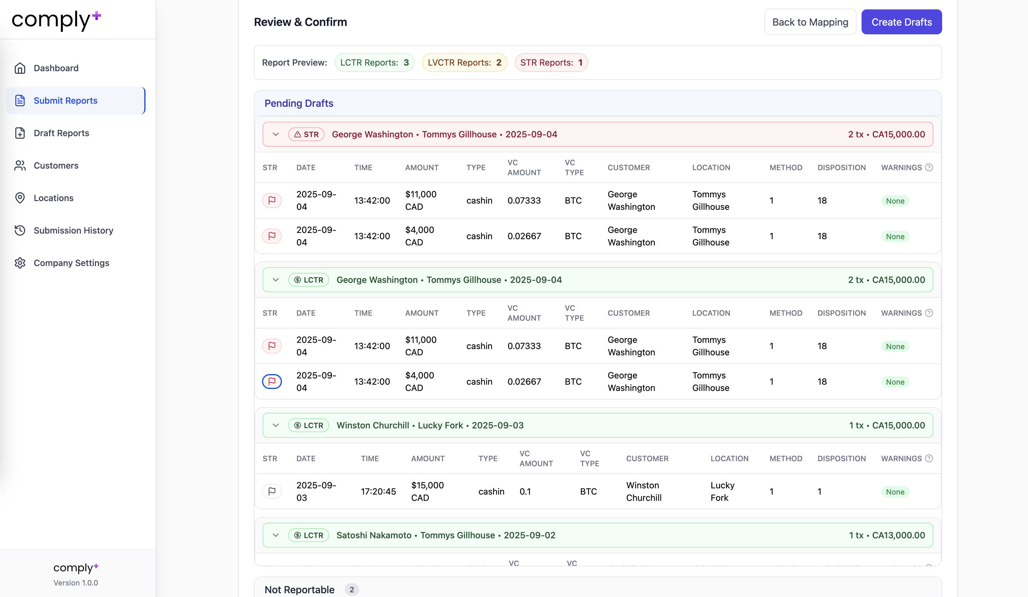 Pending draft reports list with per-transaction rows and warnings.